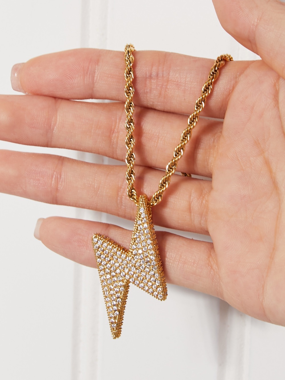 Gold Iced Out Lightning Bolt CZ Pendant Necklace 24” Rope Chain Hip Hop Unisex